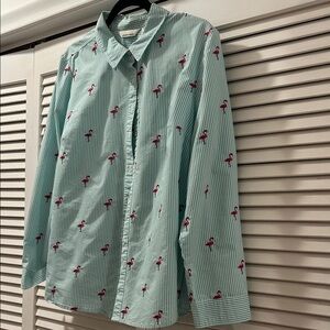 Mint Green Striped Button-Down Shirt with Flamingo Motif. XL.